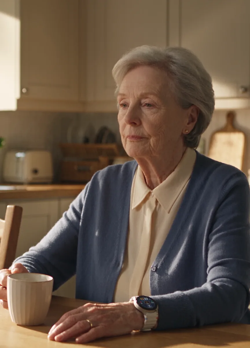 A woman in her seventies at her kitchen table with a cup of coffee, wearing a Galaxy watch