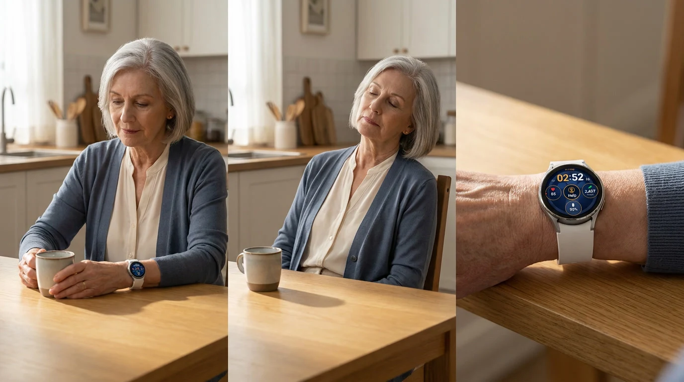 A woman at her kitchen table with the watch on her wrist, then asleep at the table, then the watch showing the time and her pulse