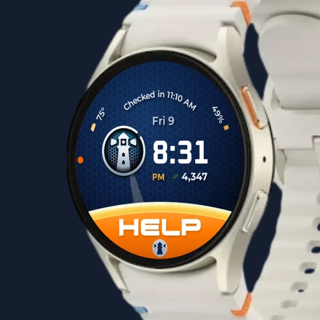 A Galaxy Watch7 showing the Lanturne watch face, with HELP across the bottom