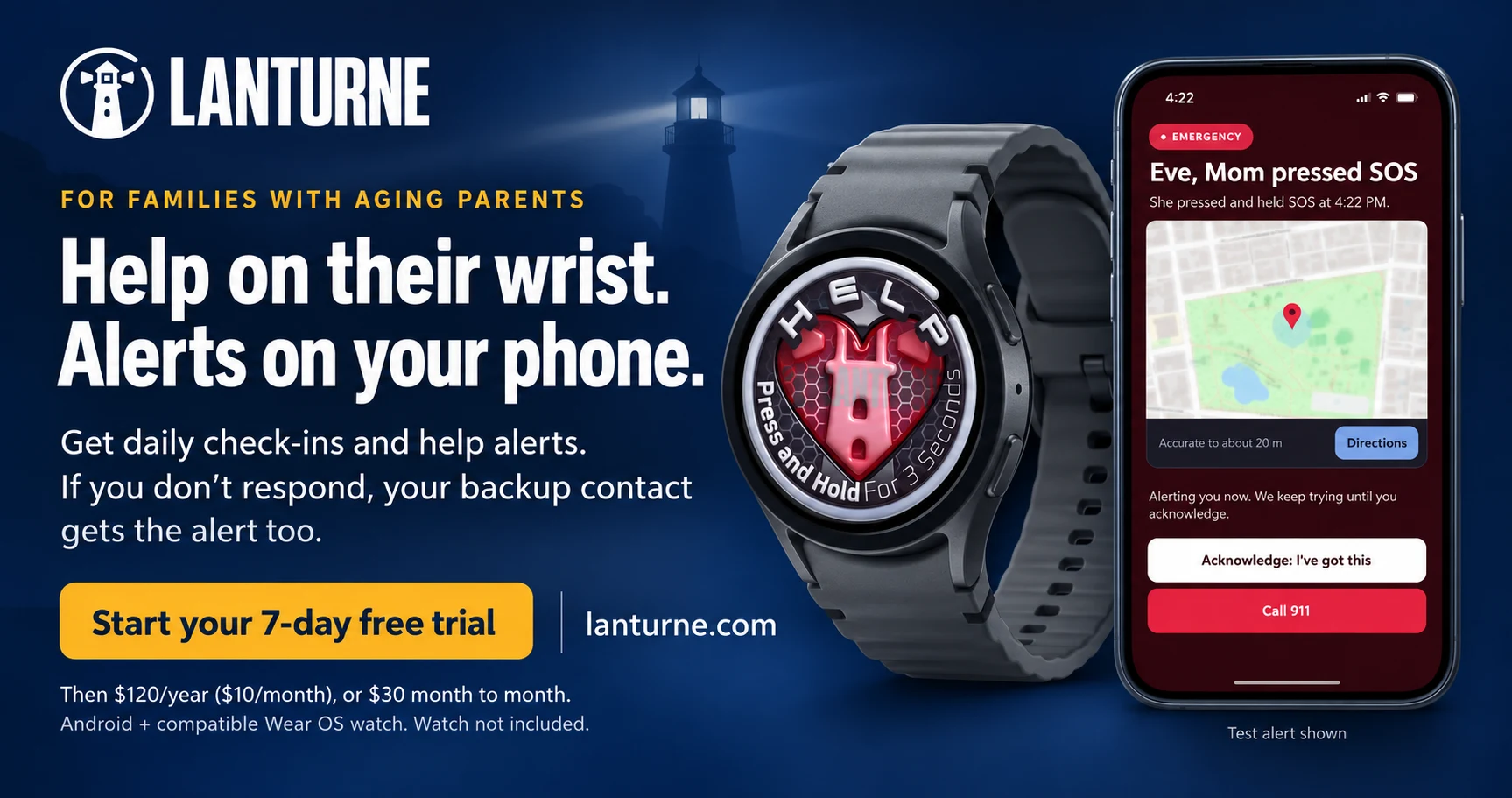 Help on their wrist, alerts on your phone: the Lanturne watch face beside an alert on a phone