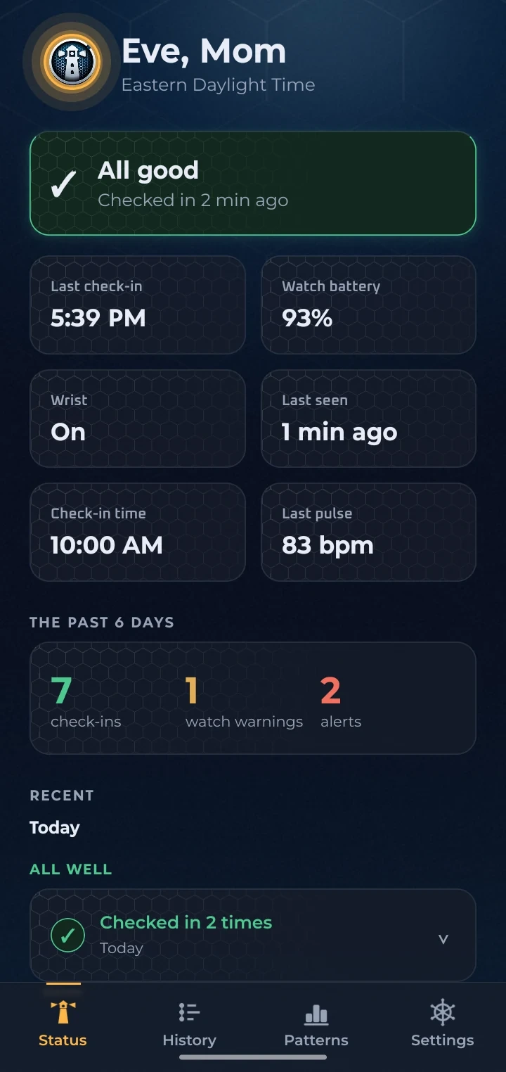 The Status screen on the phone for Eve, Mom: All good, checked in 2 min ago at 5:39 PM, watch battery 93 percent, on the wrist, pulse 83 bpm