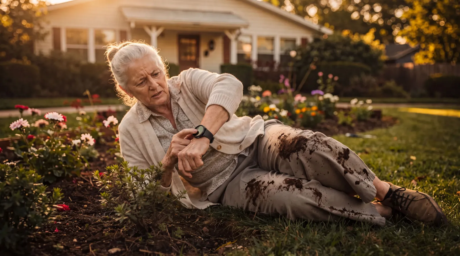 An older woman lying on the grass in a garden after a fall, pressing the button on a Galaxy Watch