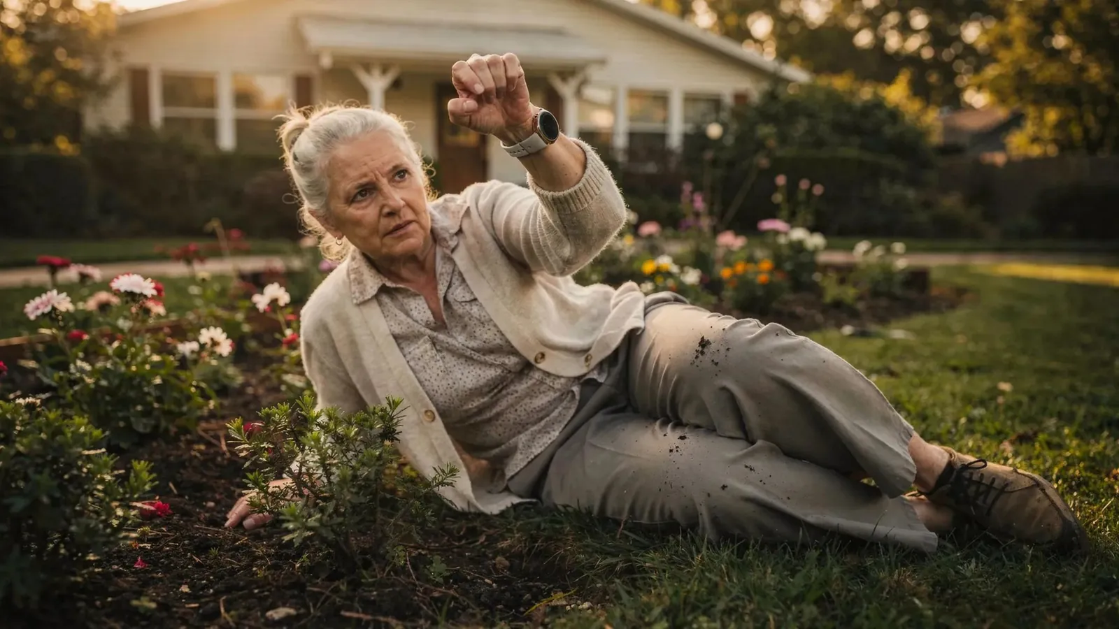 An older woman lying on the grass in a garden after a fall, holding up an arm with a Galaxy Watch on it
