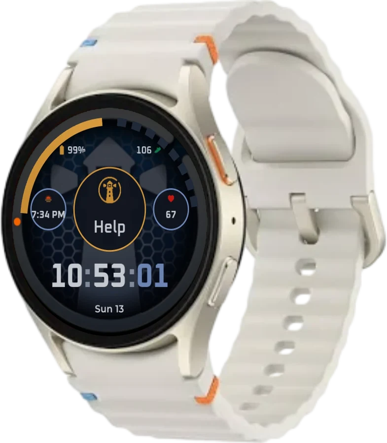 A Samsung Galaxy Watch 7 in silver with a light strap, showing the Lanturne watch face