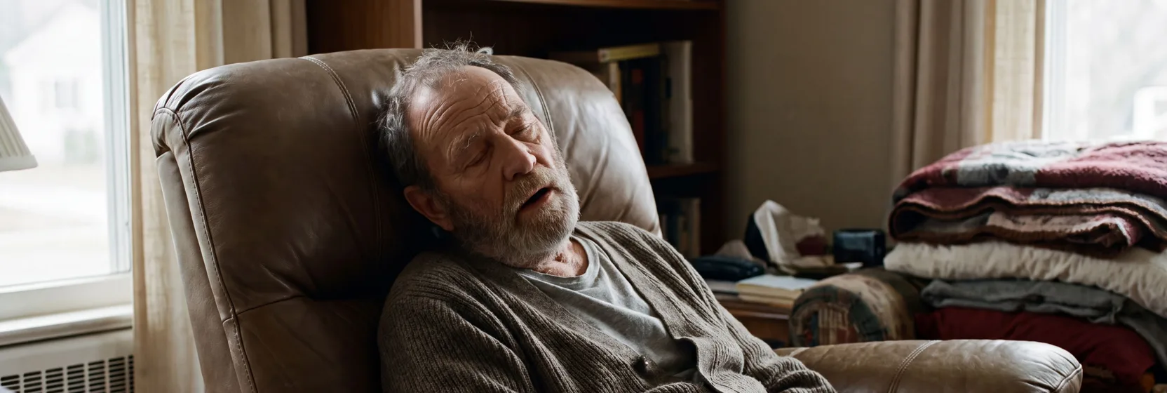 An older man asleep in his armchair by a window