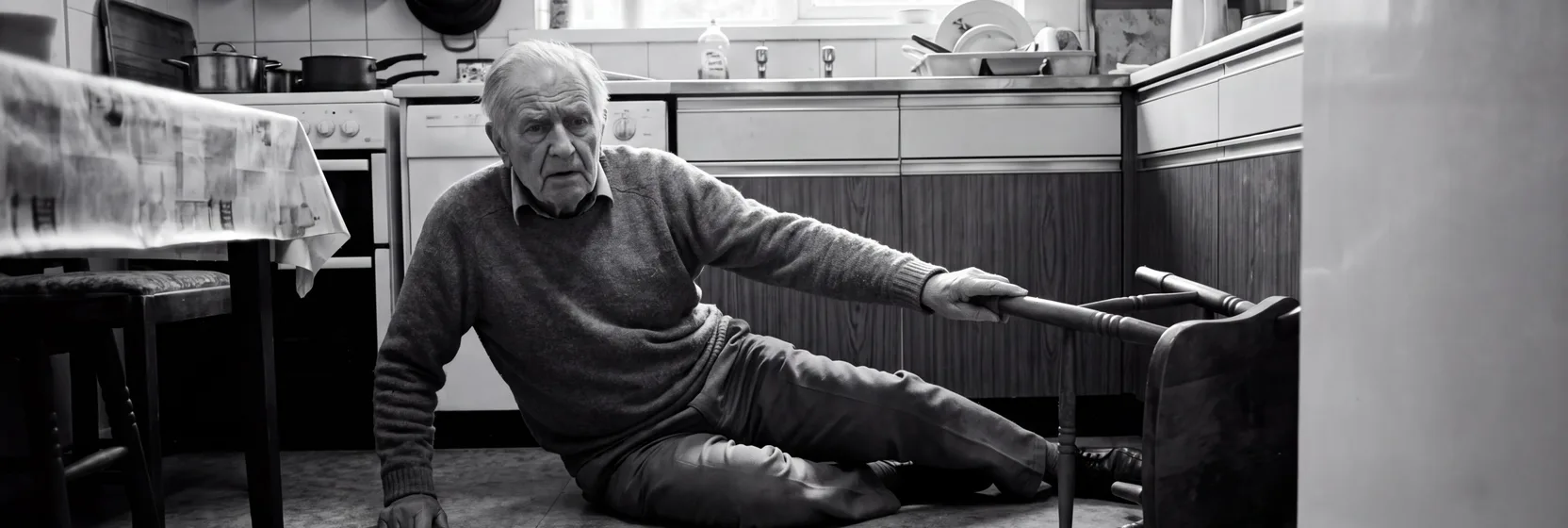 An older man on his kitchen floor, reaching for a chair