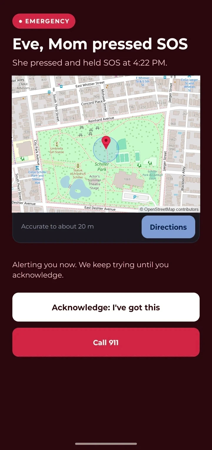 A test Lanturne alert on a phone: Emergency, Eve, Mom pressed SOS at 4:22 PM, a map with a pin where the watch is, and buttons to acknowledge the alert or call 911