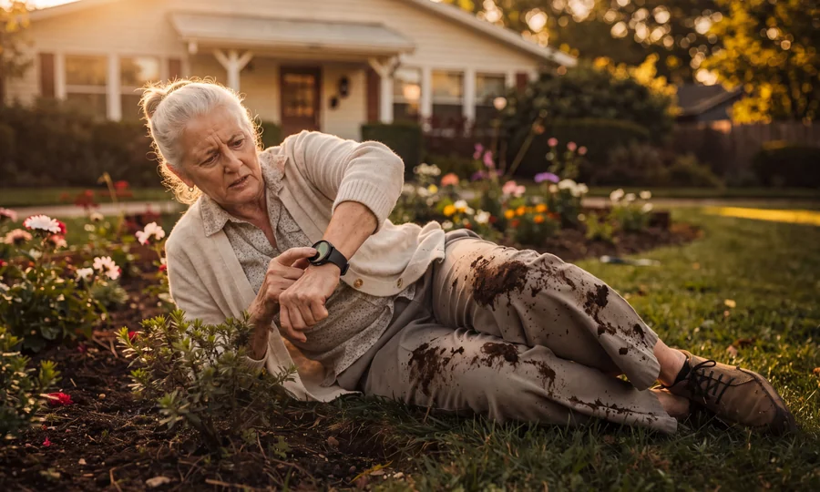 An older woman on the ground in her garden, holding the button on her black smartwatch