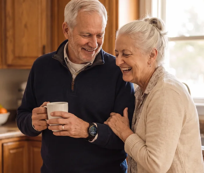 An older couple laughing together in their kitchen, his smartwatch on his wrist