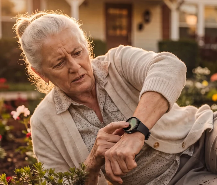 Eve in her garden, holding the HELP button on her smartwatch