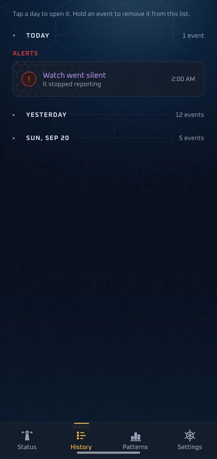 The History screen on the phone: events grouped by day