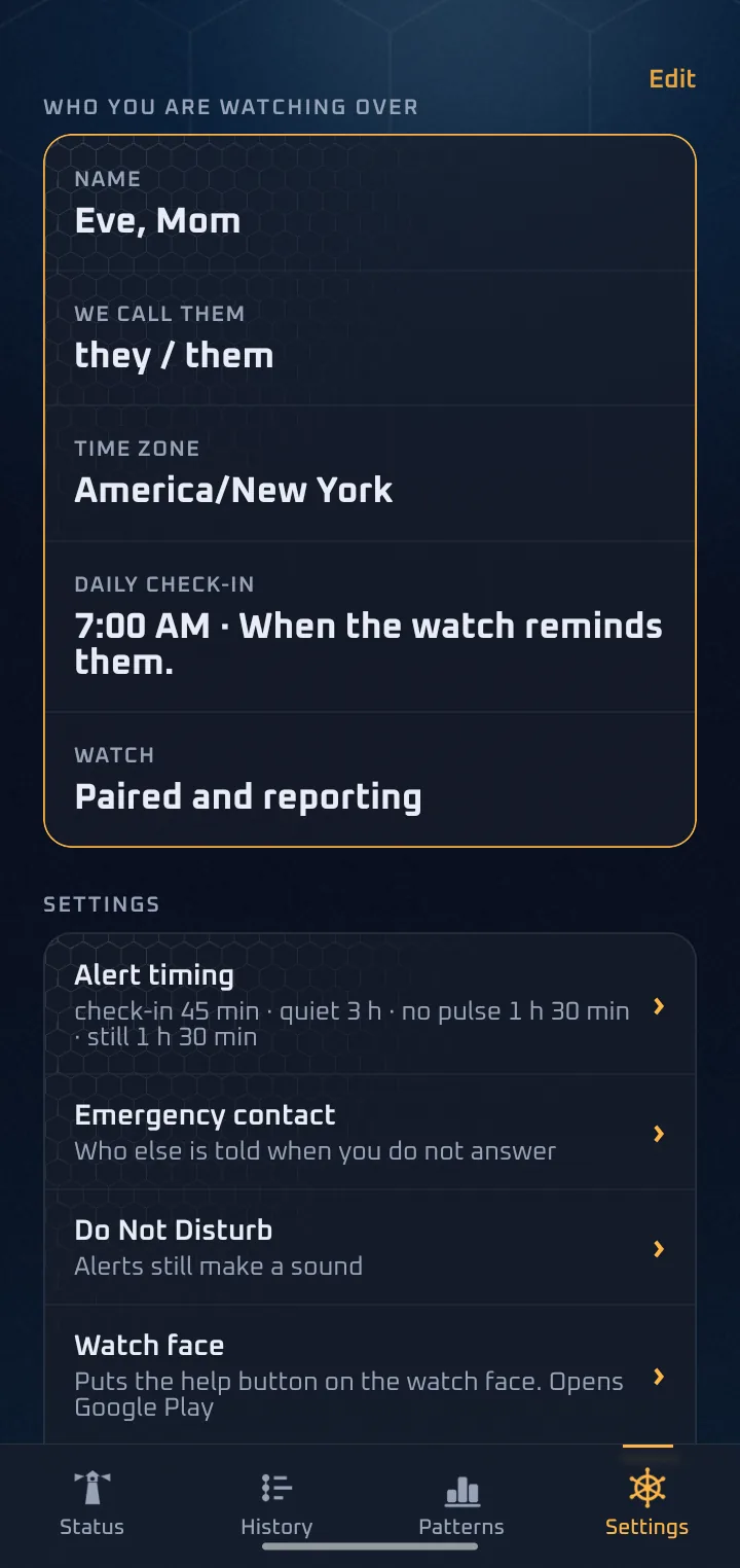 The Settings screen on the phone: who you watch over, alert timing, emergency contact, Do Not Disturb and watch face