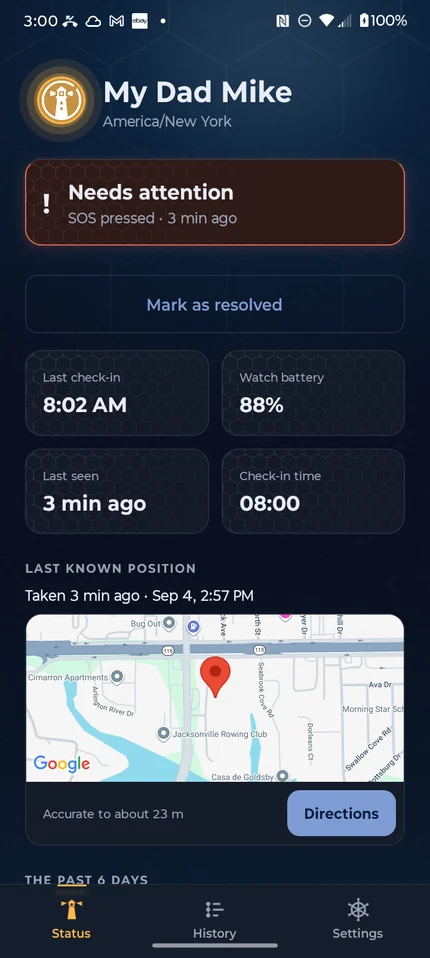 The Status tab in the Lanturne app on a phone, showing the last check-in, the watch battery, when the watch was last seen and the check-in time