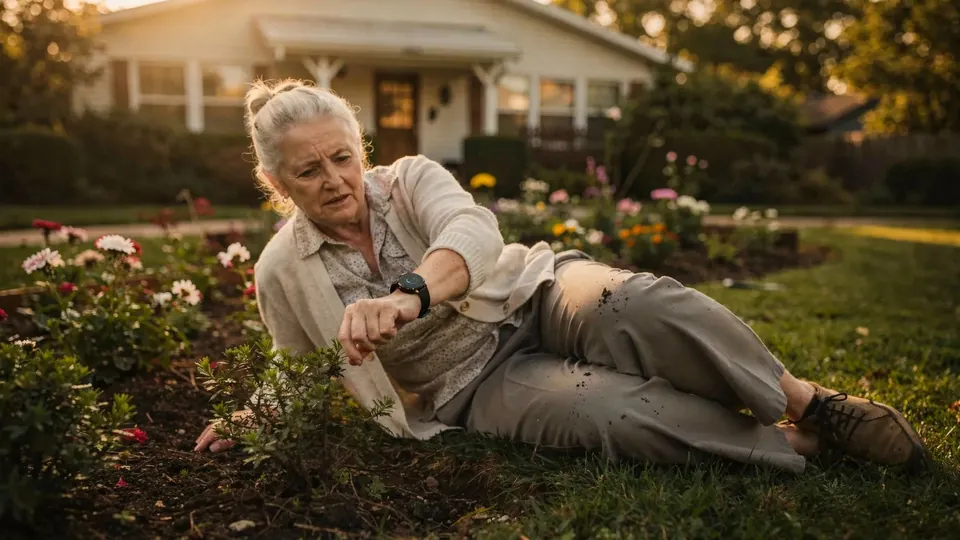 An older woman lying on the grass in a garden after a fall, looking at a Galaxy Watch on one wrist