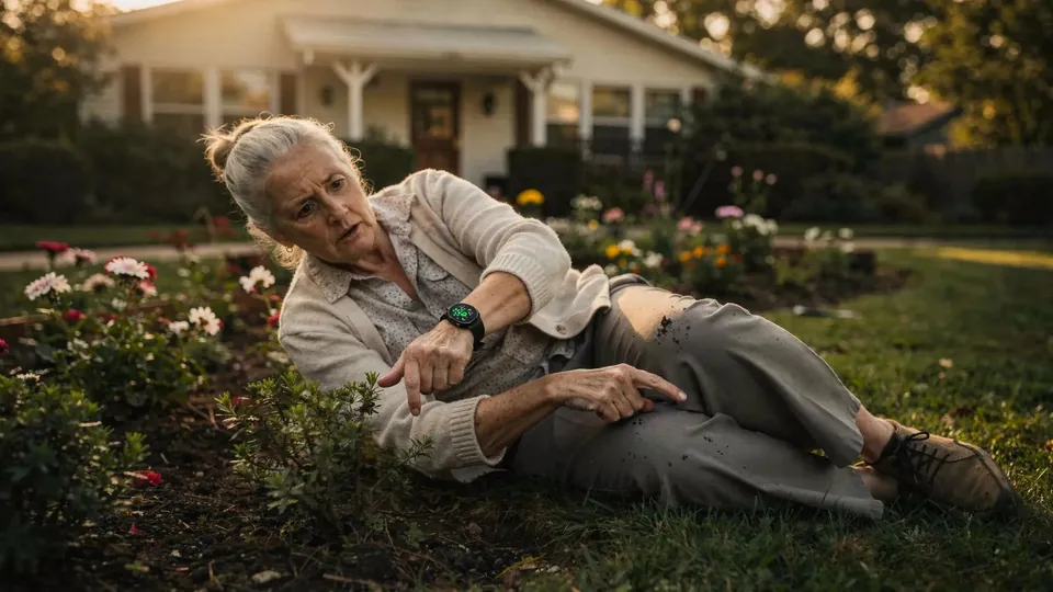 An older woman lying on the grass in a garden after a fall, pointing at a Galaxy Watch on one wrist