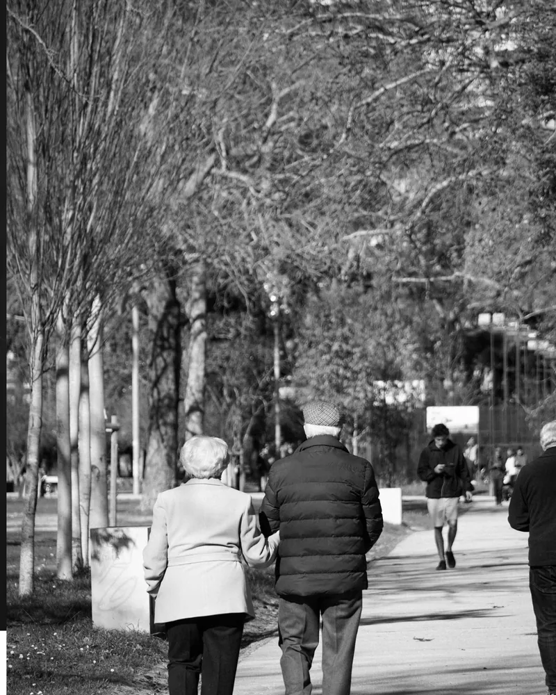 Two people walking together down a tree-lined path