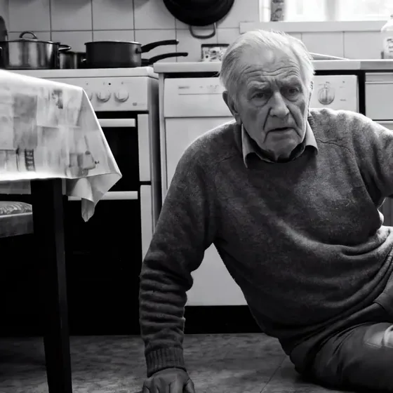 An older person sitting on a kitchen floor beside the table
