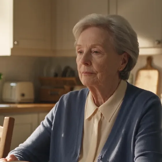An older woman alone at her kitchen table