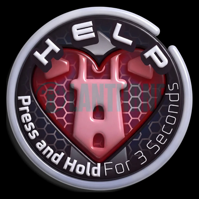 The Lanturne HELP button on the watch: a red heart with a lighthouse, reading Press and Hold For 3 Seconds