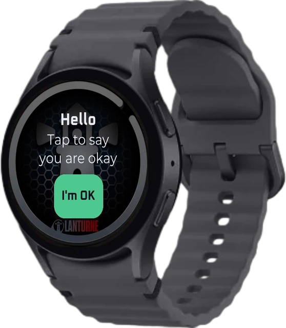 The Lanturne check-in on a Galaxy Watch: Hello, tap to say you are okay, and an I'm OK button
