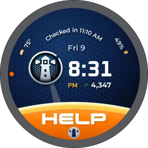 The Lanturne watch face: the lighthouse, when they last checked in, the date and time, and HELP across the bottom
