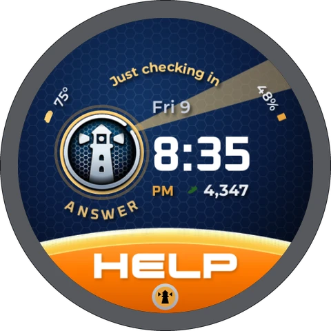 The watch face with a question waiting: Just checking in in gold, a gold ring around the lighthouse and ANSWER under it
