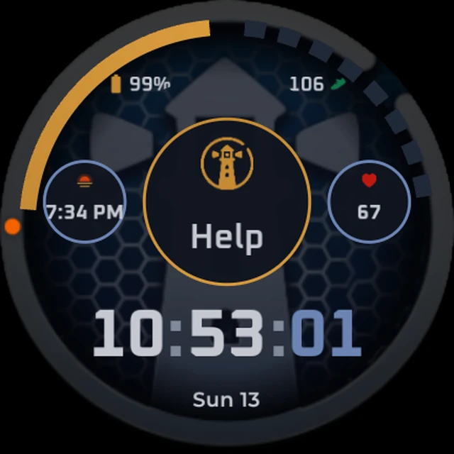 The Lanturne watch face: a large clock and the HELP button, with complications showing battery and steps on the rim and sunset and heart rate beside the button