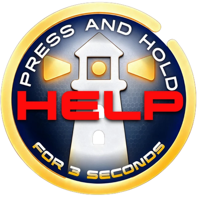 The Lanturne HELP button on the watch: a lighthouse in a gold ring, HELP in red, reading Press and Hold for 3 Seconds