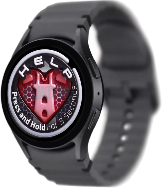 The Lanturne HELP button on a Galaxy Watch, reading Press and Hold for 3 Seconds