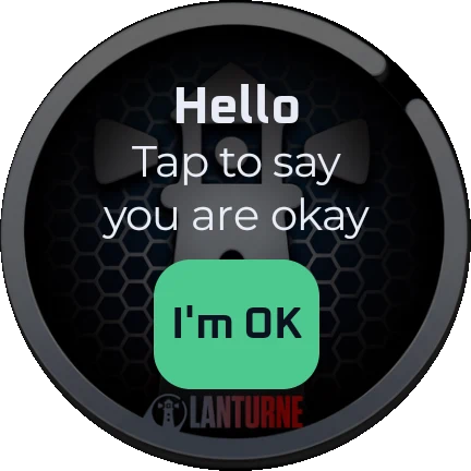 The daily check-in on the watch: Hello, Tap to say you are okay, with a green I'm OK button